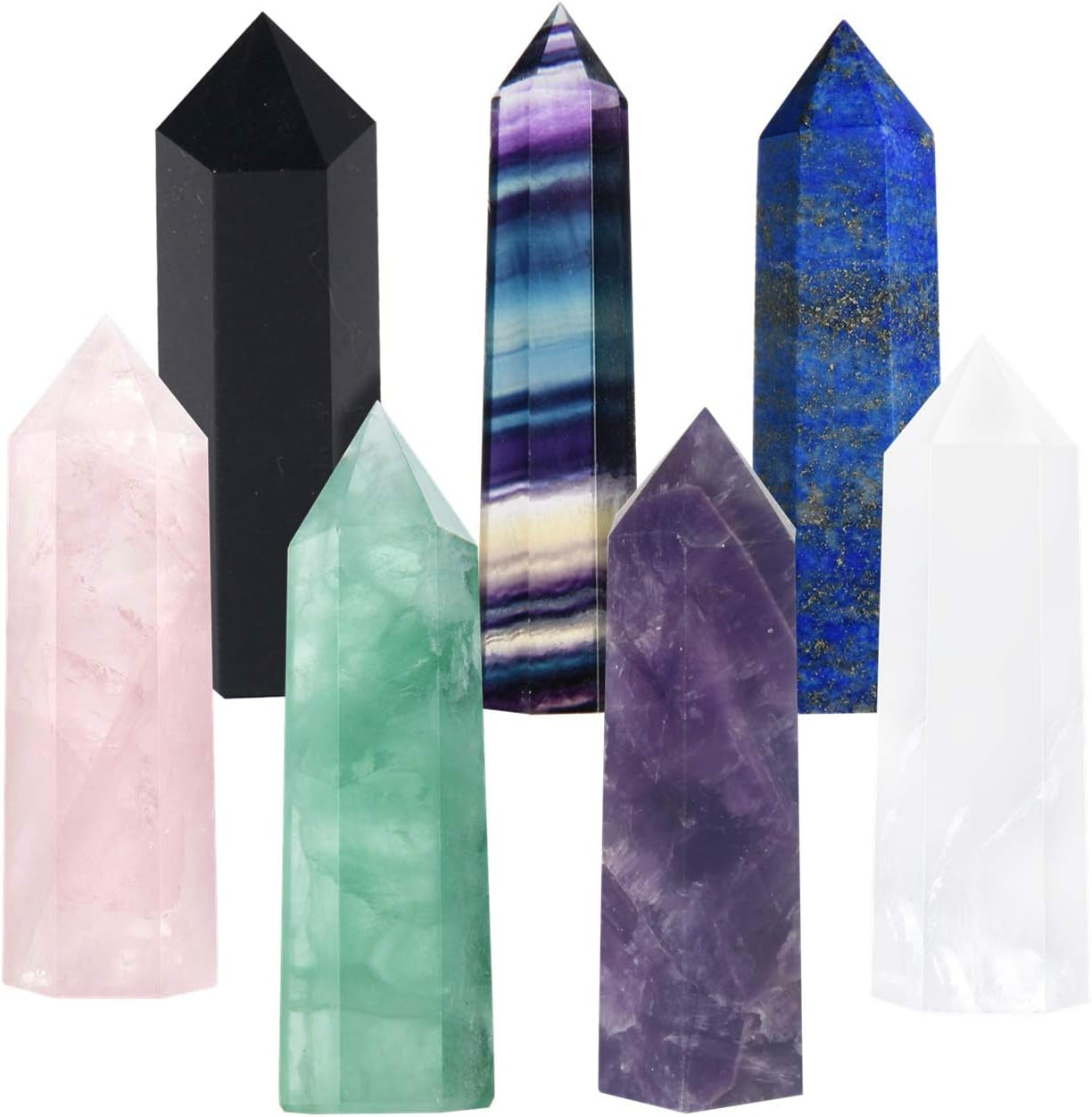 7 PCS Healing Crystal Wands | 2" Amethyst, Rose Quartz,Clear Quartz,Black Obsidian,Green Fluorite, Lapis Lazuli,Rainbow Fluorite| 6 Faceted Reiki Chakra Meditation Therapy