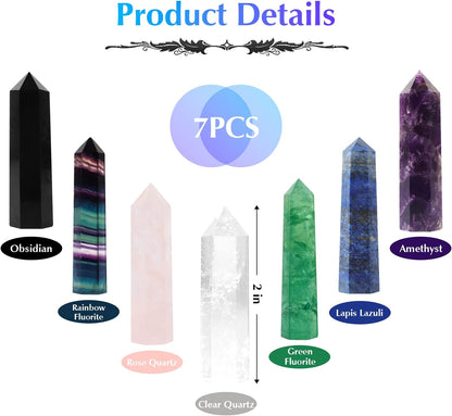 7 PCS Healing Crystal Wands | 2" Amethyst, Rose Quartz,Clear Quartz,Black Obsidian,Green Fluorite, Lapis Lazuli,Rainbow Fluorite| 6 Faceted Reiki Chakra Meditation Therapy